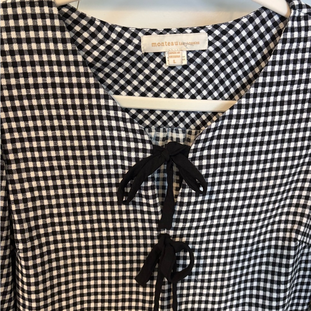 Monteau Black and White Gingham Peplum Top with Bow Ties - Picture 2 of 4